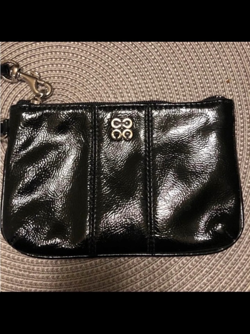 Black Patent Leather Wristlet with Gold Logo And Pink Interior